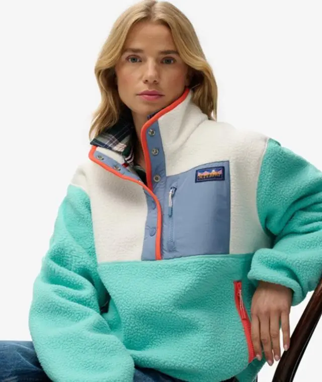 Superdry Women's Colour Block Fleece Pullover Green / Rich Turquoise -