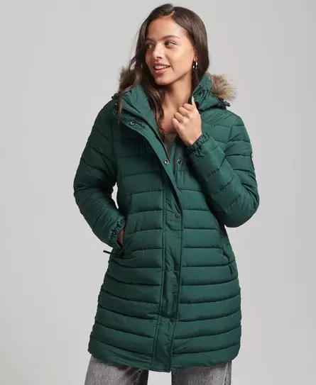 Superdry Women's Faux Fur Hooded Mid Length Puffer Jacket Green / Enamel Green - 