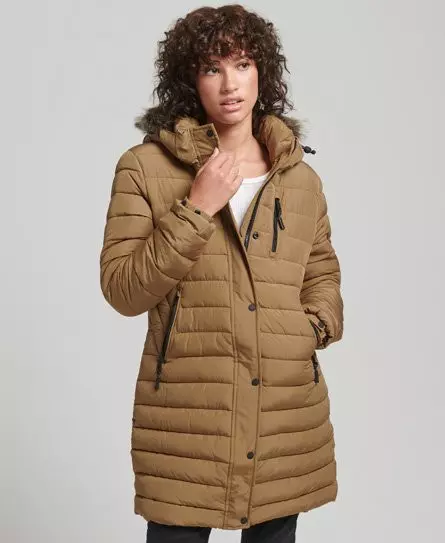 Superdry Women's Faux Fur Hooded Mid Length Puffer Jacket Brown / Sandstone - 