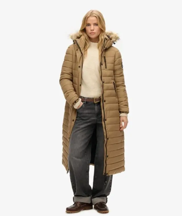 Superdry Women's Faux Fur Hooded Long Light Padded Puffer Coat Brown / Sandstone - 