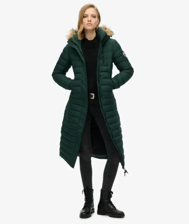 Superdry Women's Faux Fur Hooded Longline Light Padded Puffer Coat Dark Green / Enamel Green - 