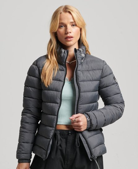 Superdry Women's Classic Logo Puffer Jacket Grey / Football Grid Charcoal - 