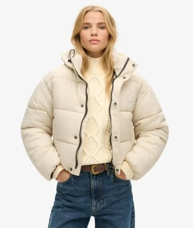 Superdry & Co Women's Fully Lined Embroidered Detail Cropped Cocoon Puffer Jacket, Cream, 