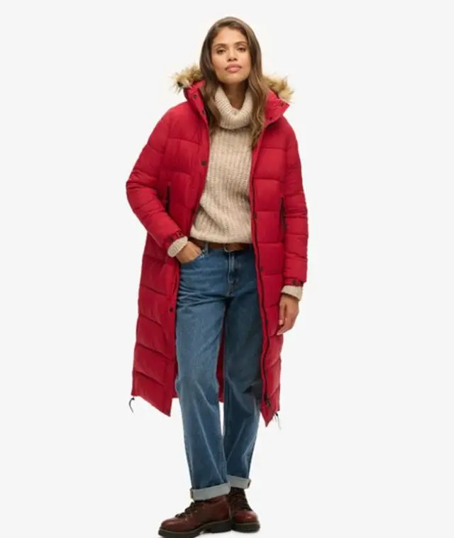 Superdry Women's Faux Fur Hooded Longline Puffer Coat Red - 