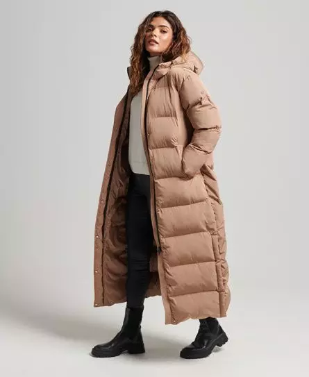 Superdry Women's Hooded Maxi Puffer Coat Brown / Woodsmoke - 
