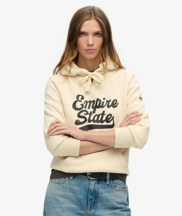 Superdry Women's Graphic Logo Sparkle Hoodie Cream / Oatmeal - 