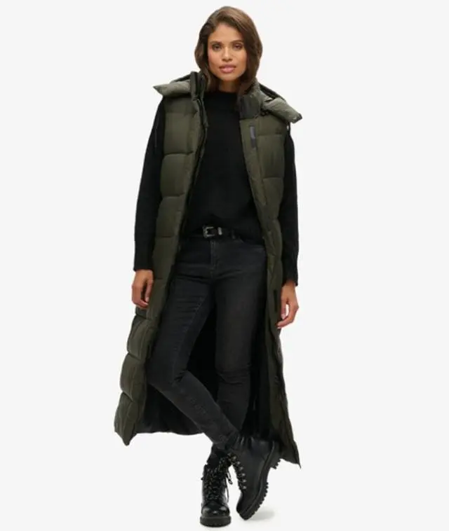 Superdry & Co Women's Hooded Ripstop Long Gilet Green / Khaki Grid - 