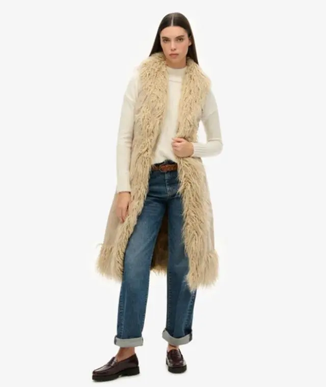 Superdry Women's Slim Fit Faux Fur Afghan Long Gilet, Taupe, 