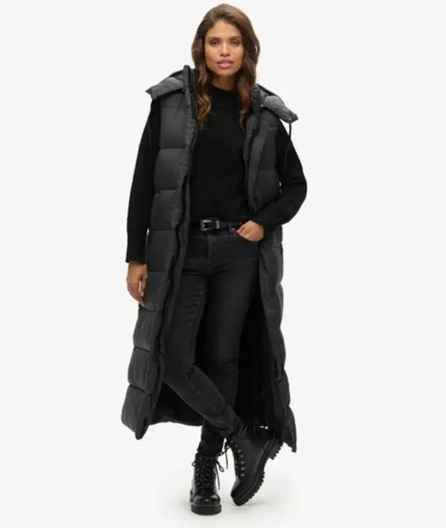 Superdry & Co Women's Classic Logo Patch Hooded Ripstop Long Gilet, Black, 