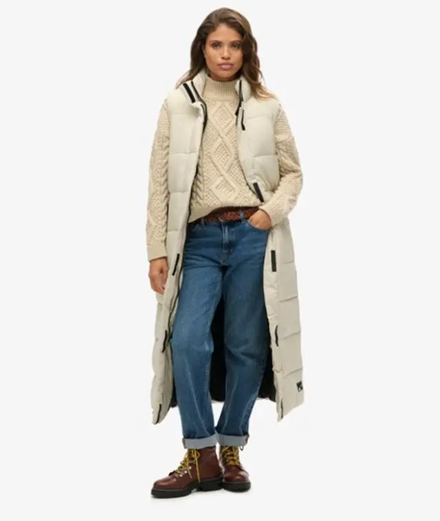 Superdry & Co Women's Ripstop Long Puffer Gilet Beige / Pelican - 