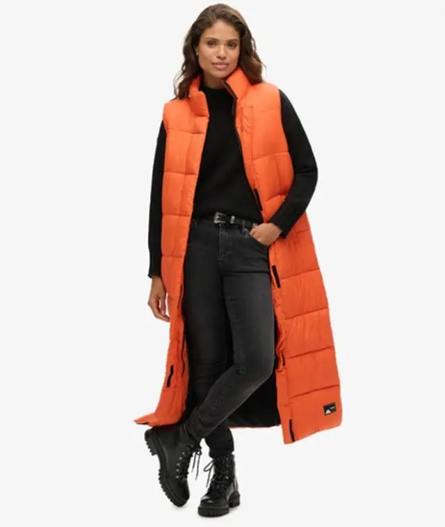 Superdry & Co Women's Ripstop Long Puffer Gilet Orange / Orange Grid - 