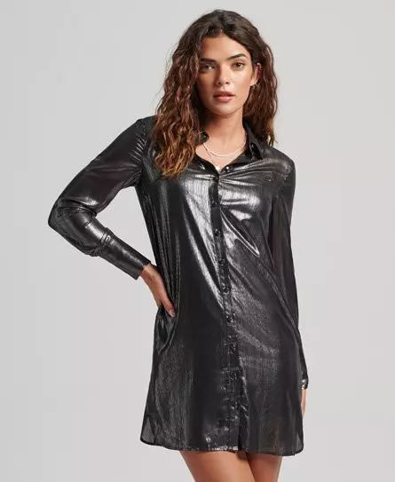 Superdry Women's Sparkle Shirt Dress Black / Black/Silver Metallic - 