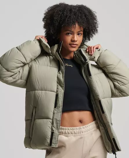 Superdry Women's Hooded Ripstop Puffer Jacket Green / Khaki Grid - 