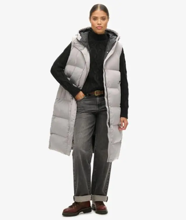 Superdry & Co Women's Long Hooded Padded Gilet Light Grey / Flat Grey - 