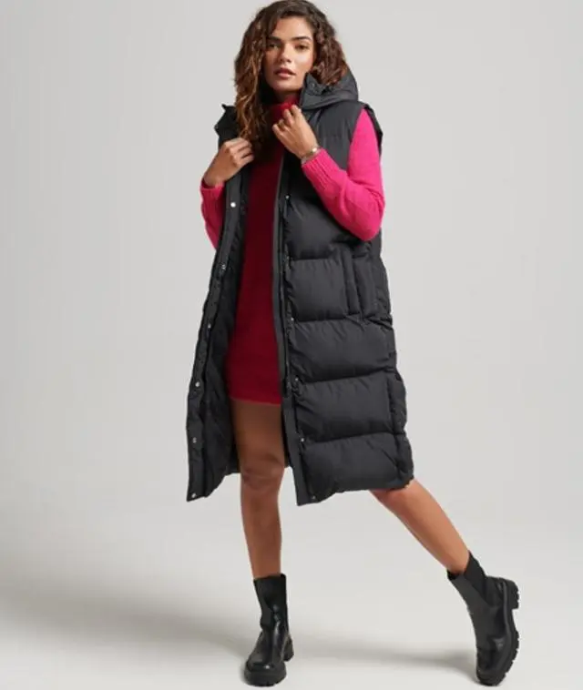 Superdry Women's Long Hooded Padded Gilet Black - 