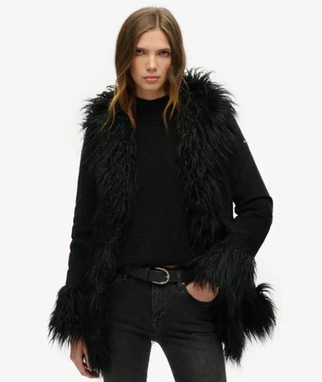 Superdry Women's Slim Fit Faux Fur Lined Afghan Coat, Black,