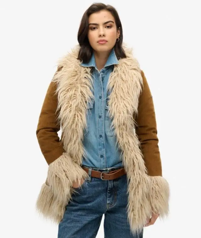 Superdry Women's Classic Cotton Faux Fur Coat, Brown and Beige, 
