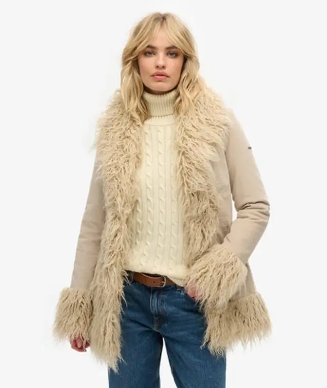 Superdry Women's Faux Fur Lined Afghan Coat Brown / Stone Wash Taupe Brown - 