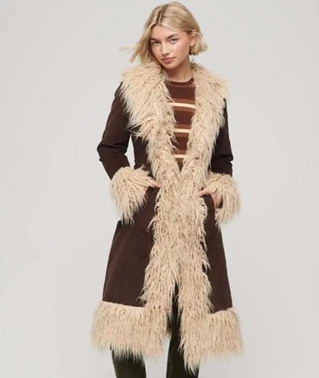 Superdry Women's Faux Fur Lined Longline Afghan Coat Brown / Coffee Bean Brown - 