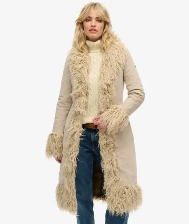 Superdry & Co Women's Faux Fur Lined Long Afghan Coat Beige / Stone Wash Taupe Brown - 