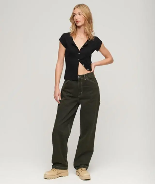 Superdry & Co Women's Ladies Classic Contrast Carpenter Wide Leg Pants, Green, Organic - 