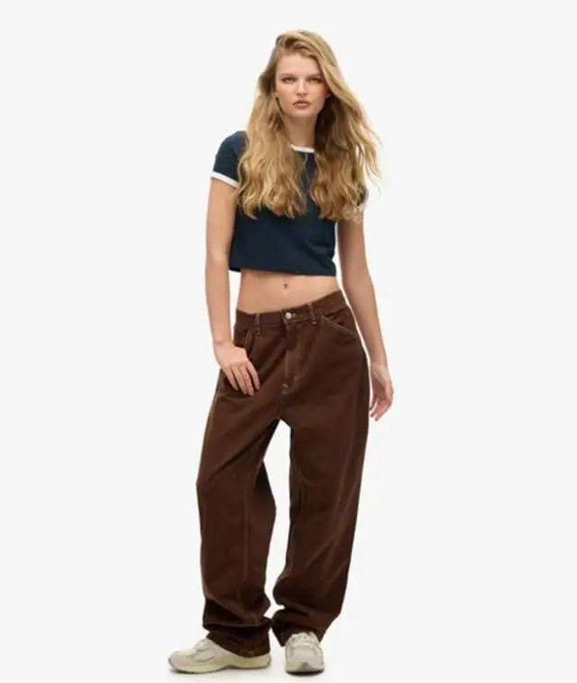 Superdry Women's Classic Logo Patch Contrast Carpenter Wide Leg Pants, Dark Brown, 