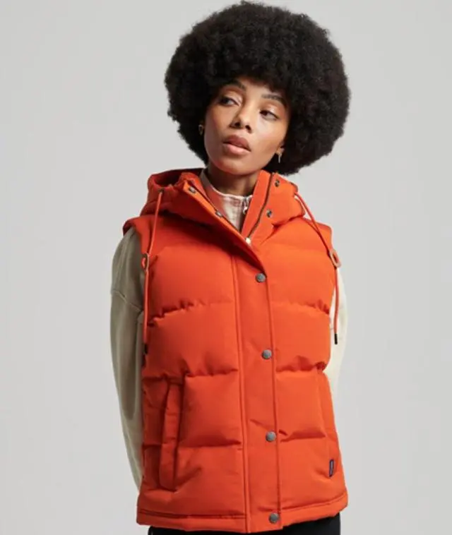 Superdry Women's Ladies Fully Lined Embroidered Vintage Hooded Everest Gilet, Orange, 