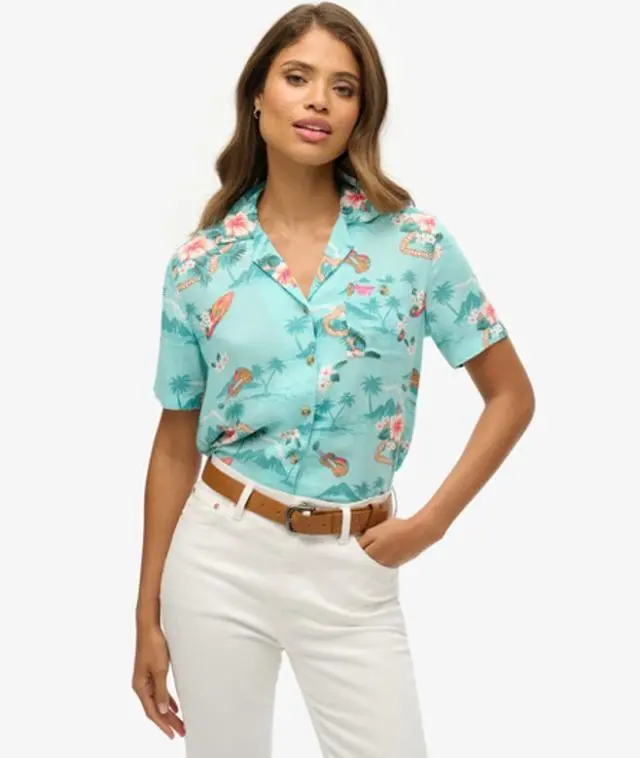 Women's Beach Resort Shirt Light Blue / Aloha Hawaiian Aqua - 