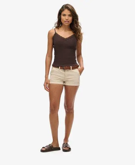 Superdry Women's Slim Fit Logo Patch Chino Hot Shorts, Beige, 
