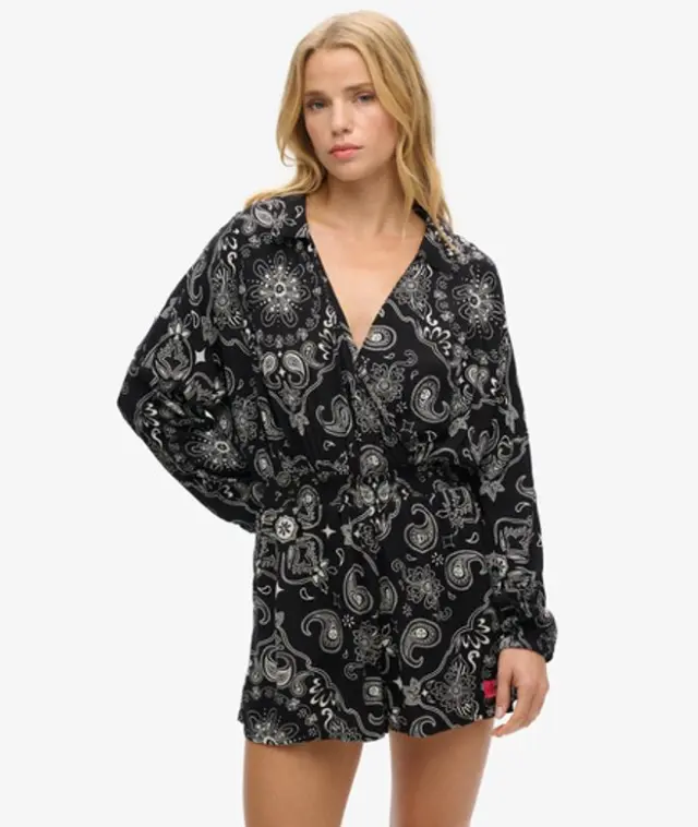Superdry Women's Printed Vintage Beach Playsuit, Black & white, 