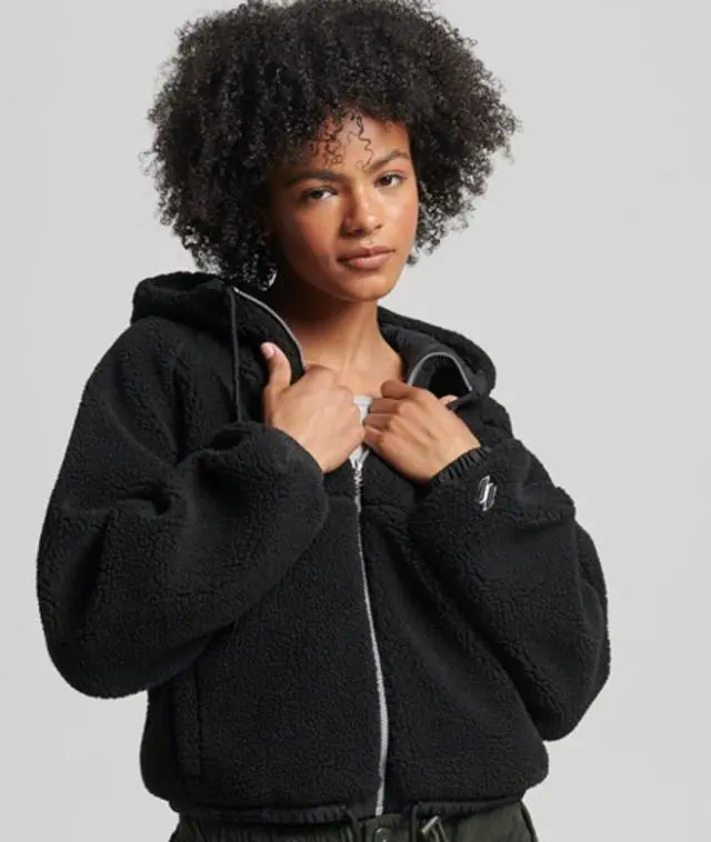Superdry & Co Women's Fully Lined Embroidered Borg Zip-through Hoodie, Black, 