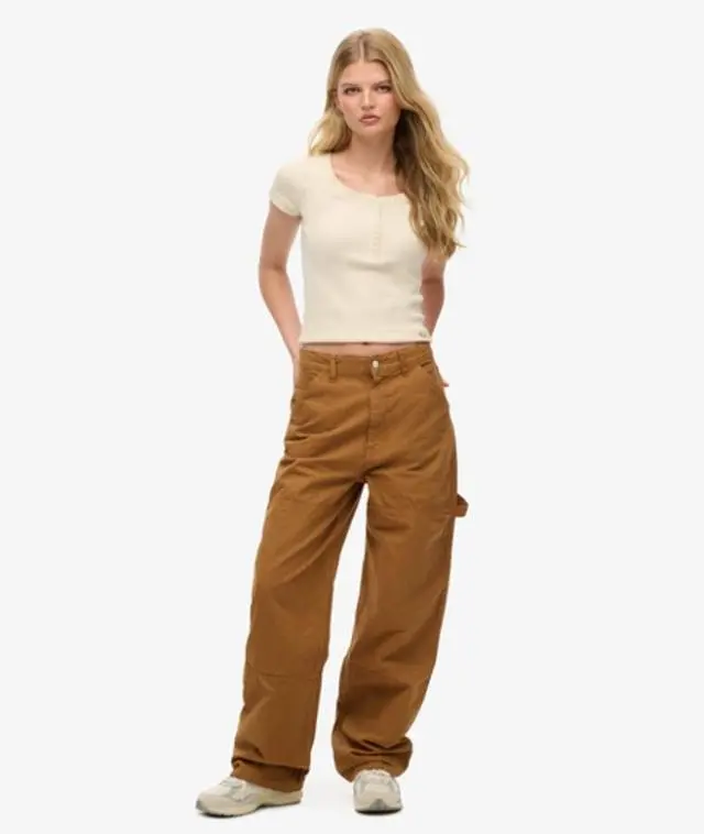 Superdry Women's Logo Patch Organic Cotton Vintage Wide Carpenter Pants, Brown, 