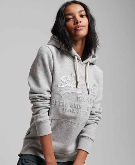 Superdry Women's Embossed Graphic Logo Hoodie Grey / Light Stone Snowy - 