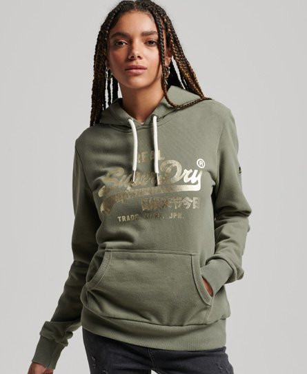 Superdry Women's Vintage Logo Embellished Hoodie Green / Dusty Olive Green - 