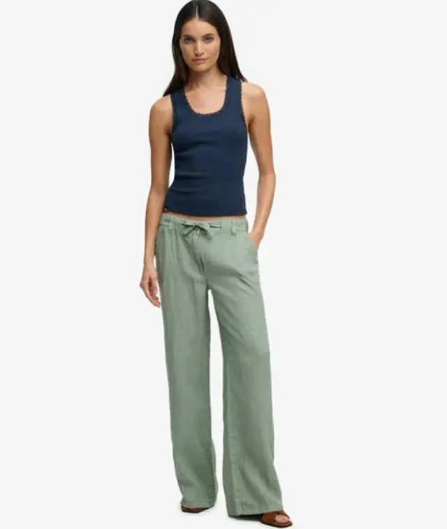 Superdry & Co Women's Linen Low Rise Pants Green / Light Jade Green -
