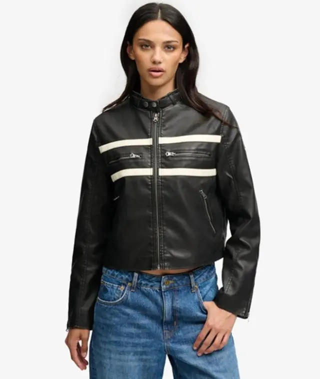 Superdry & Co Women's Moto Faux Leather Jacket Black / Washed Black/off White - 