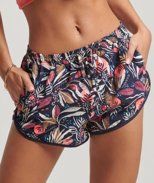 Superdry Women's Slim Fit Printed Beach Shorts, Navy and White, 