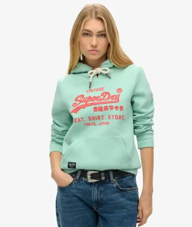 Superdry Women's Neon Vintage Logo Hoodie Green / Minted Green Marl - 