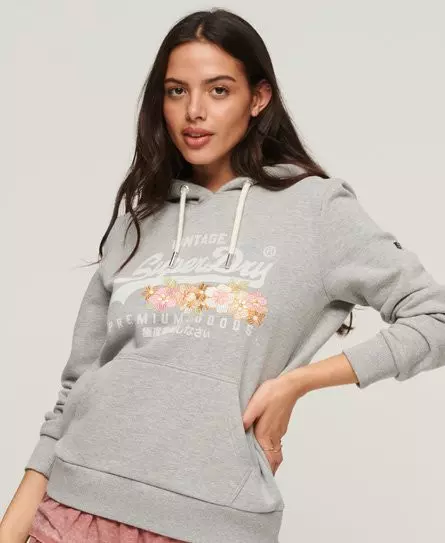 Pockets For Women Superdry Women s Vintage Logo Premium Goods Floral Hoodie Light Grey Concrete Grey Marl