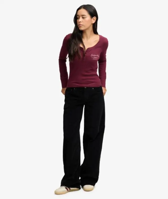 Superdry & Co Women's Mid Rise Baggy Corduroy Trousers Black - 