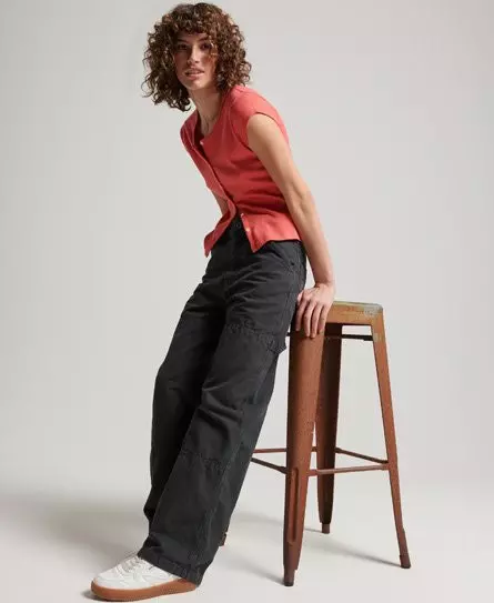 Superdry Women's Organic Cotton Vintage Wide Carpenter Pants Dark Grey / Washed Black - 