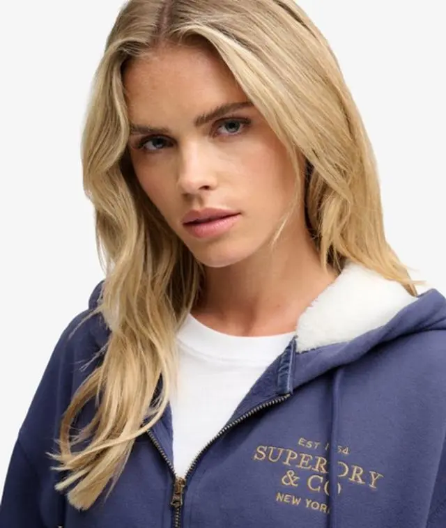 Superdry & Co Women's Luxe Fur Lined Zip Hoodie Dark Blue / Mariner Navy - 