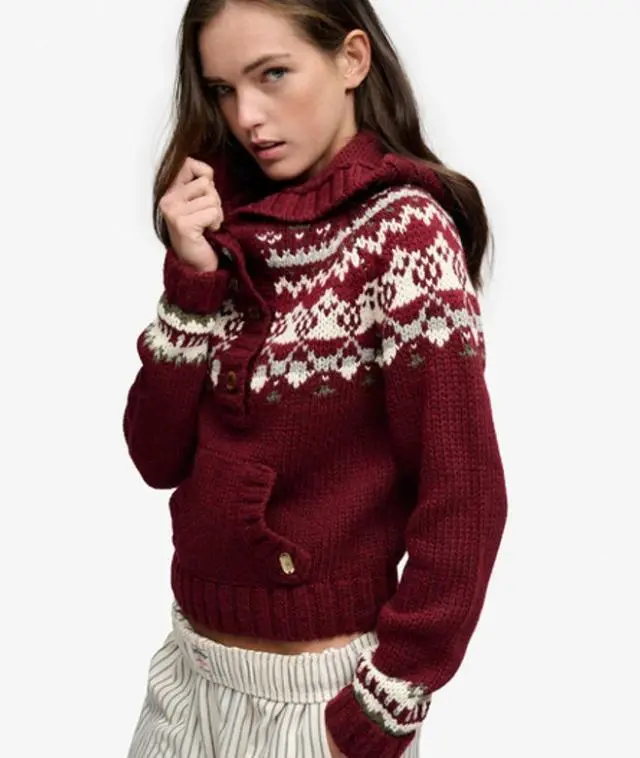 Superdry & Co Women's Fairisle 1/2 Button Hoodie Red / Red Multi - 