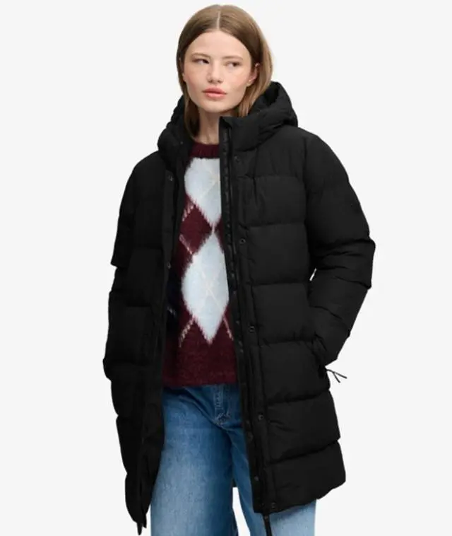 Superdry & Co Women's Hooded Sports Puffer Mid Length Jacket Black - 