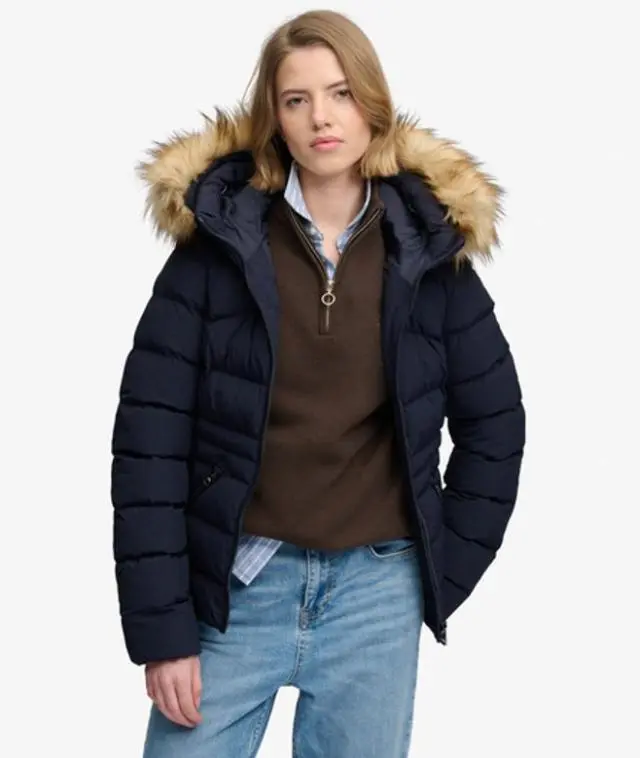 Superdry & Co Women's Hooded Faux Fur Fuji Padded Jacket Navy / Darkest Navy - 