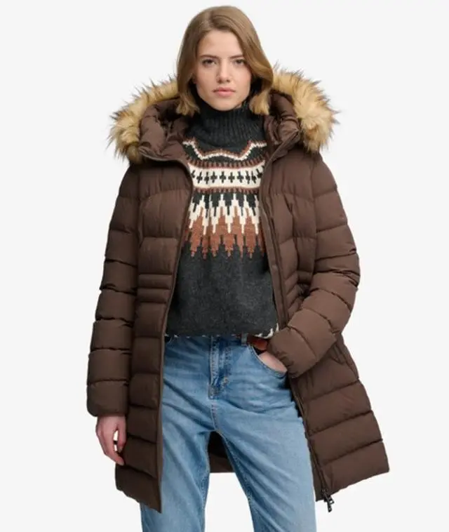 Superdry & Co Women's Hooded Faux Fur Fuji Mid Length Coat Brown / Bracken Brown - 