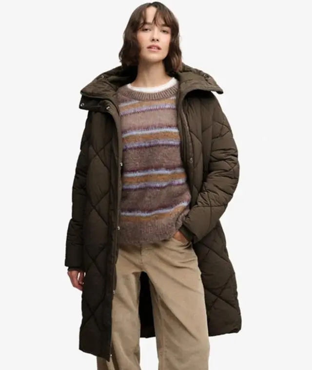 Superdry & Co Women's Long Diamond Quilt Jacket Khaki / Deep Khaki Green - 