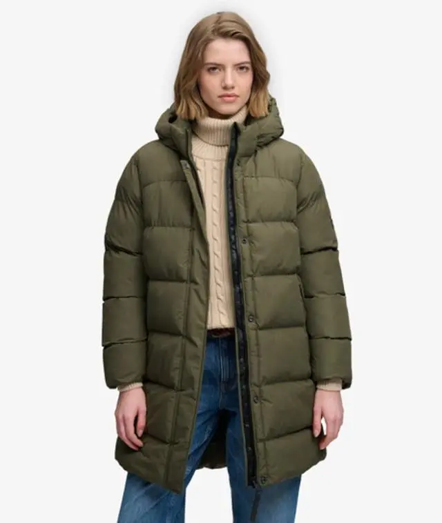 Superdry & Co Women's Hooded Sports Puffer Mid Length Jacket Khaki / Washed Khaki - 