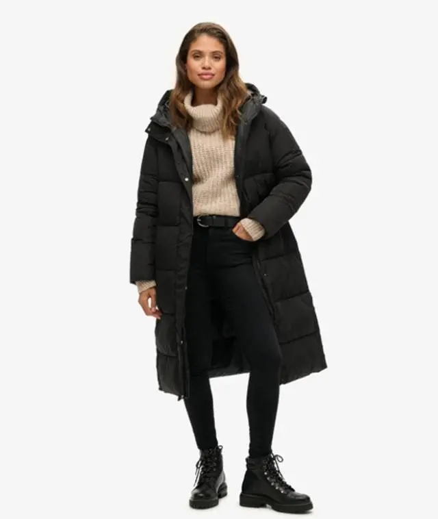 Superdry Women's Longline Puffer Coat, Black, 