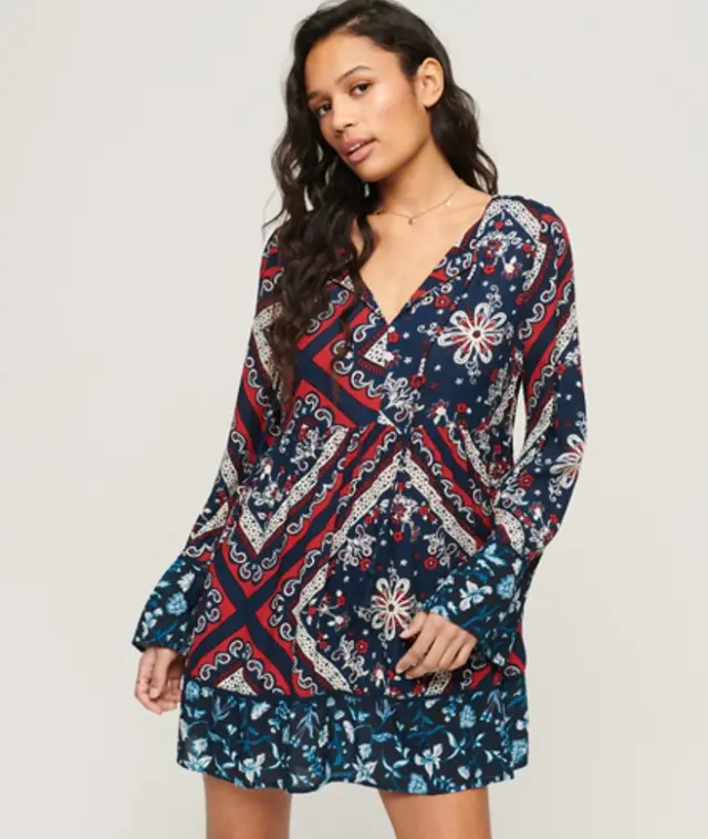 Superdry & Co Women's Flare Sleeve 60s Mini Dress Blue / Betsy Bandana Blue - 